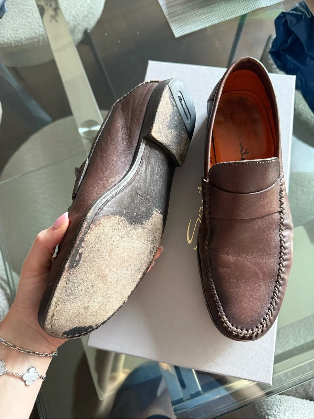 Santoni Brown Leather Penny Loafers with Moc Toe Stitching